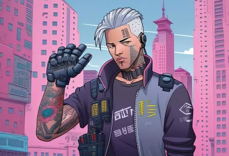 anime, a man with tattoos on his face and a pair of gloves ,(((light silver hair))), background pink city, day, tall buildings, cyberpunk, cyberpunk art, retrofuturism<lora:Cyberpunk _Anime_sdxl:1.0>