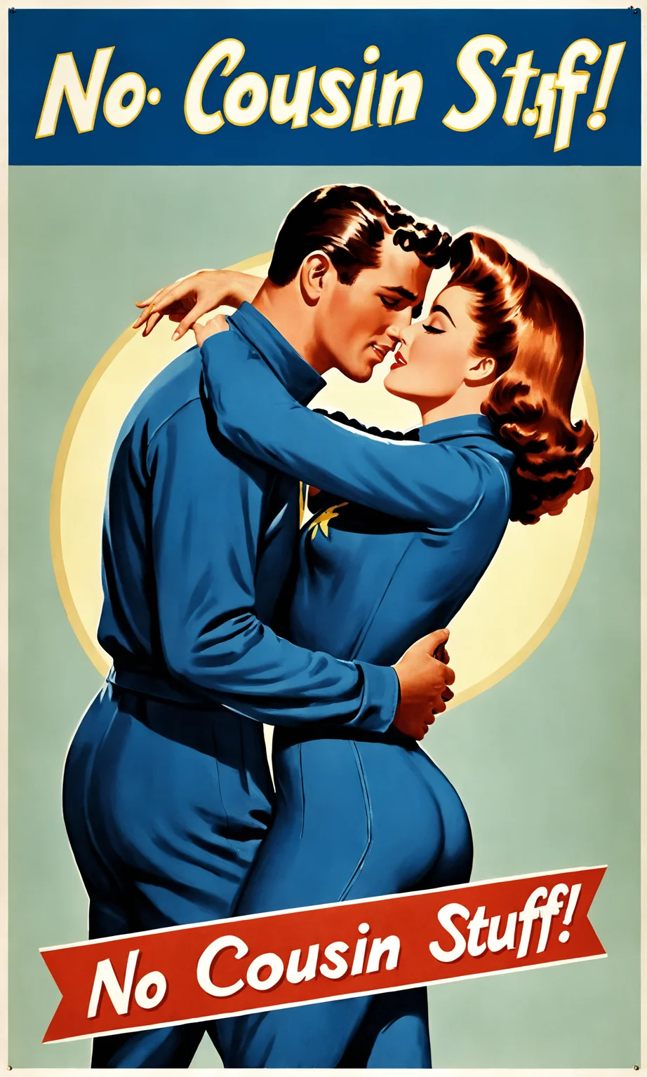 text "No Cousin Stuff!", movie poster of a man and woman kissing, falloutpostsdxl,<lora:falloutpostsdxl:0.8>, 1960s \(style\), blue jumpsuit,