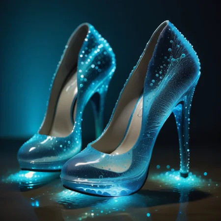 a pair of high heels made out of Jed-Bwtrspkl, <lora:BioWaterSparkleStyle:1>