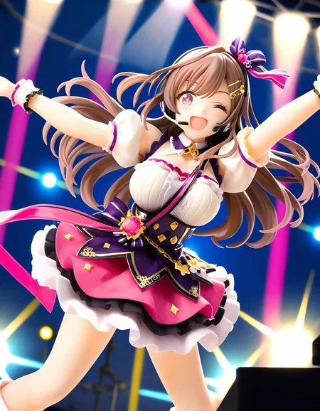 k_tsukioka, score_9, best quality,
1girl, solo, long hair, brown hair, long hair, bangs, brown eyes, pink eyes, hairclip, hair ribbon, large breasts, blush, embarrassed, smile, happy, one eye closed,
bare arms, multicolored dress, boots, concert, detached sleeves, dress, glowstick, holding, idol, idol clothes, indoors, posing on stage, puffy detached sleeves, puffy short sleeves, puffy sleeves, short sleeves, solo focus, spotlight, idol concert, looking at viewer, headset, colorfull stage, stage lights, lights, pillar, neon
<lora:k_tsukiokaXL_pony:1>