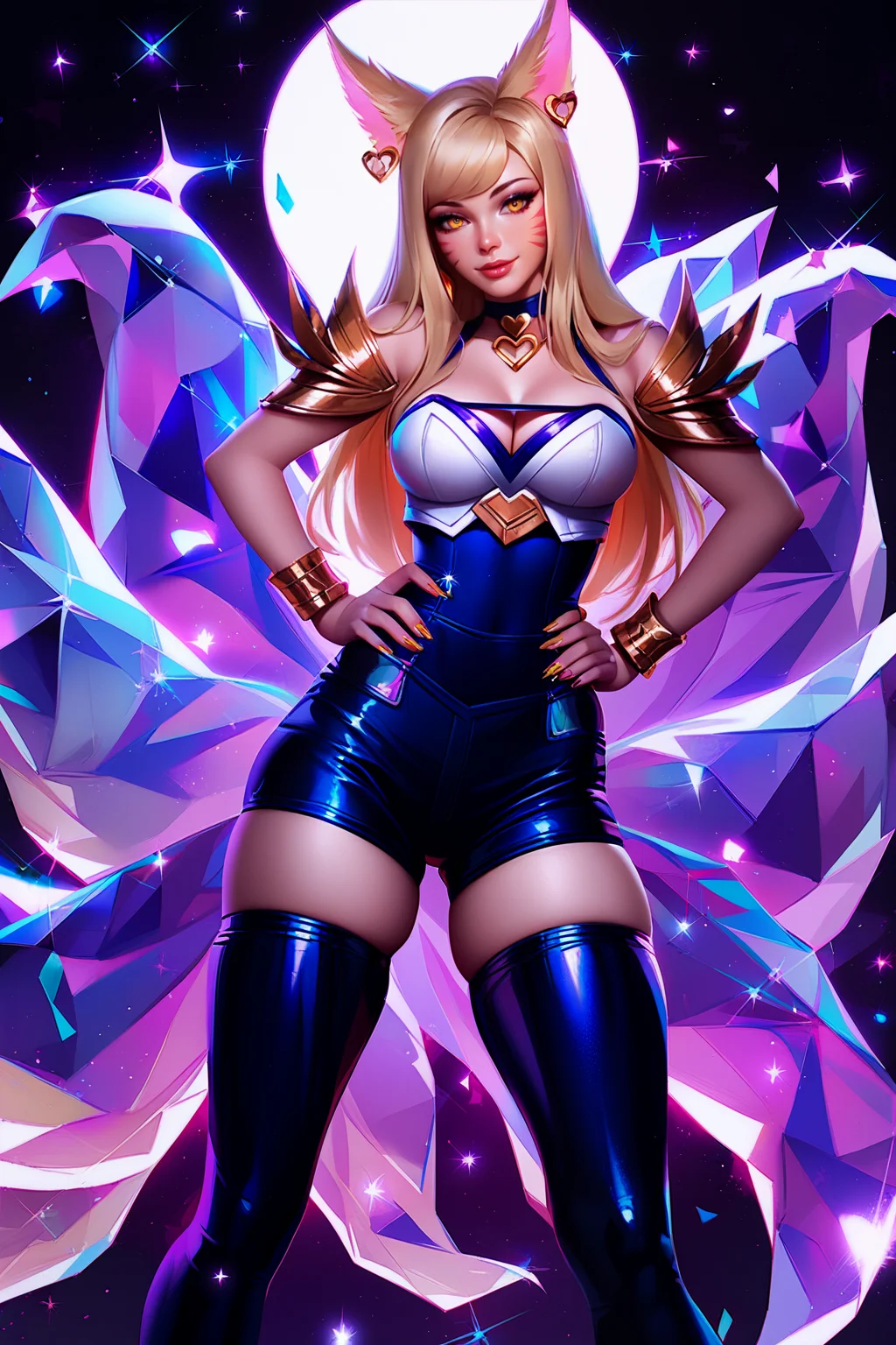 score_9, score_8_up, score_7_up, masterpiece, high quality,
<lora:KDAAhriPonyLora:1> , 1girl, fox ears, long hair, swept bangs, yellow eyes, facial mark, earrings, heart choker, tank top, cleavage, bare shoulders, bracelet, leotard, multiple tails, fox tail, crystal, thighhighs, skindentation, nail polish, white gold shoulder pads,, dark blue latex shorts, arms on hips, standing on a musicstage