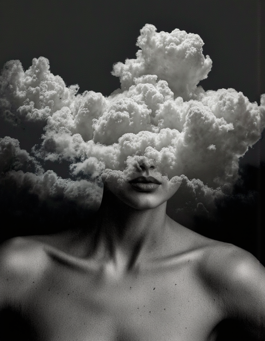 Art by Juan Brufal. A black and white photo shoot from a frontal camera angle about a mysterious figure with a large, fluffy cloud-like structure covering their face and head, creating an ethereal atmosphere. the image also shows a woman, positioned in the middle of the frame, with her upper body facing the viewer. she appears to be a adult, with a neutral expression and parted lips. her hair is styled in a way that creates a sense of depth and dimension, and her eyes are closed, giving her a serene and contemplative look. she is completely nude, with no clothing or accessories on, except for her bare shoulders and collarbone. her body is slim and bare shoulders, and she is standing against a dark, gradient background. the overall mood is surreal and dreamlike, with the dramatic lighting casting shadows on her face and body.