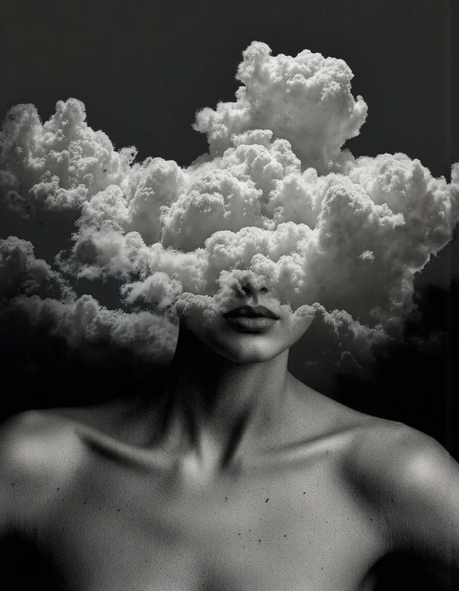Art by Juan Brufal. A black and white photo shoot from a frontal camera angle about a mysterious figure with a large, fluffy cloud-like structure covering their face and head, creating an ethereal atmosphere. the image also shows a woman, positioned in the middle of the frame, with her upper body facing the viewer. she appears to be a adult, with a neutral expression and parted lips. her hair is styled in a way that creates a sense of depth and dimension, and her eyes are closed, giving her a serene and contemplative look. she is completely nude, with no clothing or accessories on, except for her bare shoulders and collarbone. her body is slim and bare shoulders, and she is standing against a dark, gradient background. the overall mood is surreal and dreamlike, with the dramatic lighting casting shadows on her face and body.