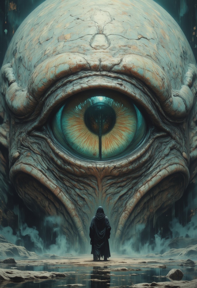 a striking and surreal scene that combines elements of both the natural world and fantasy. Dominating the composition is a massive, reptilian eye, filling almost the entire frame. The eye is highly detailed, with a slit-like pupil that suggests it belongs to a large, powerful creature, perhaps a dragon or another mythical being. The texture around the eye is rugged and scaly, giving the impression of ancient, weathered skin. In the lower portion of the image, a solitary human figure stands before the eye, dressed in a flowing black robe. The figure is tiny in comparison to the colossal eye, emphasizing the vast difference in scale and power between the two. The person stands on a surface that appears to be water or mist, which reflects the eerie, otherworldly light that surrounds the scene. The atmosphere is misty and dreamlike, adding to the sense of mystery and awe. Overall, the image is both dramatic and thought-provoking, blending cultural elements with a fantastical imagination to create a visually captivating scene. white sphere on the background