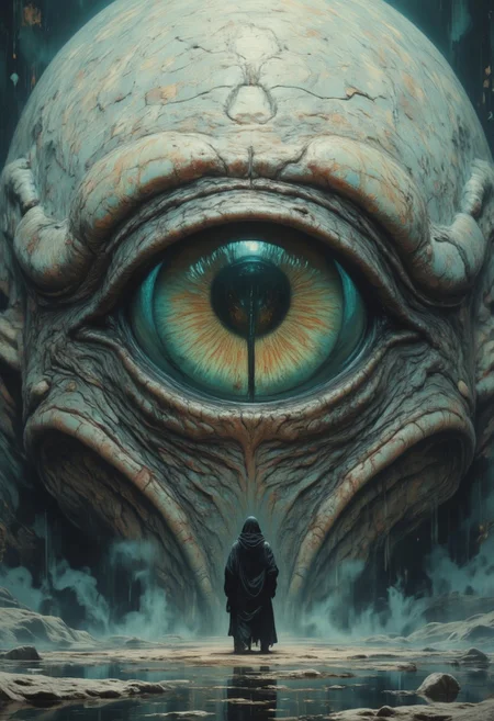 a striking and surreal scene that combines elements of both the natural world and fantasy. Dominating the composition is a massive, reptilian eye, filling almost the entire frame. The eye is highly detailed, with a slit-like pupil that suggests it belongs to a large, powerful creature, perhaps a dragon or another mythical being. The texture around the eye is rugged and scaly, giving the impression of ancient, weathered skin. In the lower portion of the image, a solitary human figure stands before the eye, dressed in a flowing black robe. The figure is tiny in comparison to the colossal eye, emphasizing the vast difference in scale and power between the two. The person stands on a surface that appears to be water or mist, which reflects the eerie, otherworldly light that surrounds the scene. The atmosphere is misty and dreamlike, adding to the sense of mystery and awe. Overall, the image is both dramatic and thought-provoking, blending cultural elements with a fantastical imagination to create a visually captivating scene. white sphere on the background