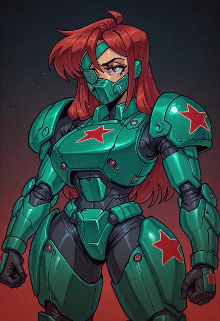 (beautiful, masterpiece, detailed, best quality, newest), ussr propaganda poster style, theine, 1girl, solo, detailed, sovietpunkai, female soldier, shiny skin, (power armor), Red star symbol on armor, green armor, face mask, massive pauldrons, cybernetic arms, red eyes, red hair, long hair, eye patch, (standing, at attention), ussr symbol