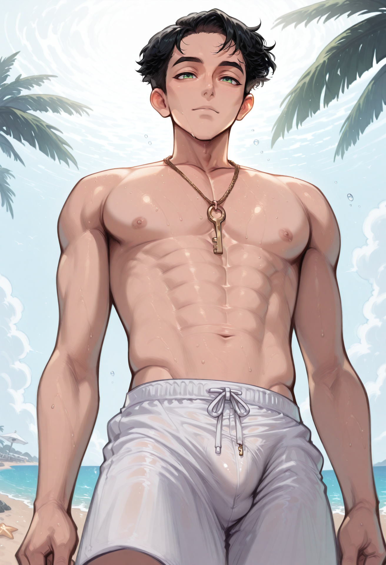 safe_pos,masterpiece,official wallpaper,best quality,newest,highres,absurdres,dynamic lighting,perfect lighting, outdoors, beach, low angle,
<lora:Key:0.6> 1boy, male focus, jewelry, green eyes, black hair, key necklace, partially exposed chest, bulge, naked, white swimming trunks, gold trimmings, swimming trunks,
