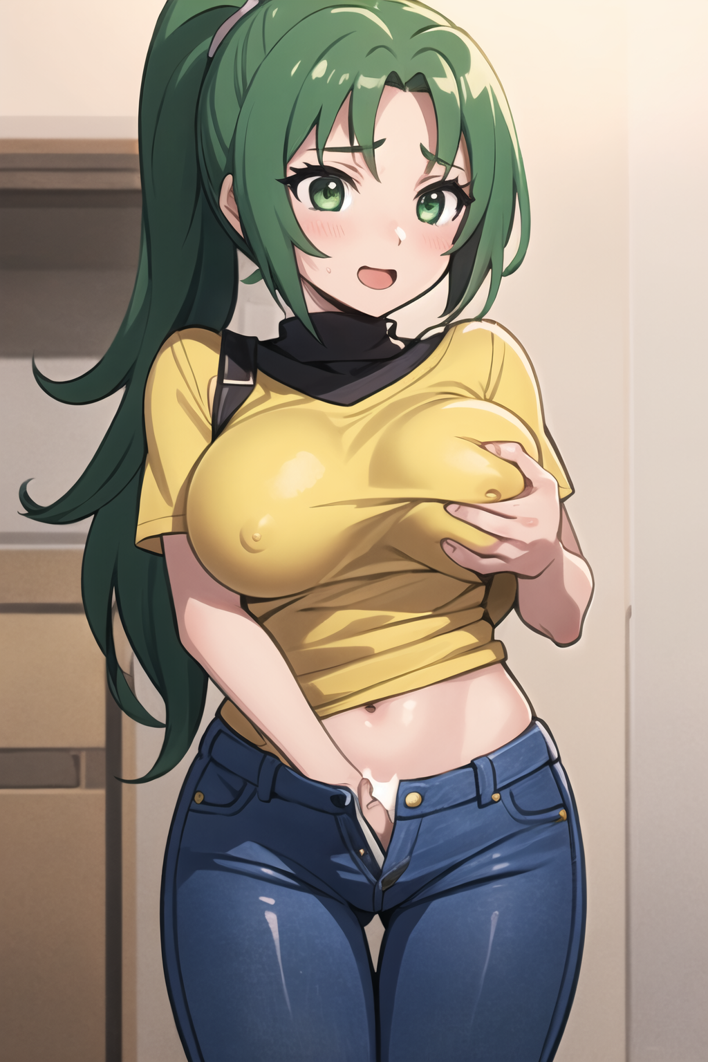 masterpiece, best quality, ultra-detailed, 1girl,  hand in pants, grabbing own breast, Mion Sonozaki, green hair, green eyes, ponytail,  yellow tee, jeans