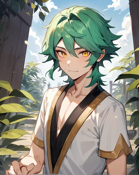 1boy, solo, male only, male focus, upper body, <lora:ezreal_sdxl_lora:1>, (ezreal, green hair, yellow eyes), outdoors, looking at viewer, masterpiece, best quality, very aesthetic, absurdres, very detailed, sensitive, <lora:Lightning-8:0.5>