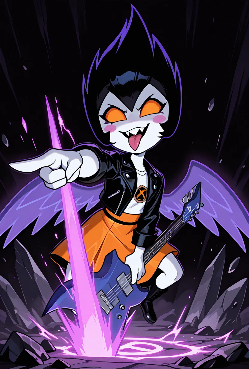 <lora:peskydust-09:1> peskydust, white skin, raven wings, blush stickers, 1girl, black, orange eyes, orange skirt,, black hair, no pupils, rock symbol with hands, hard rock, dynamic pose, rock poster, holding rock guitar, sharp hair pointing upwards, super sayan hair, black leather jacket, white face makeup, tongue out, evil, sharp teeth, rockstar, closeup shot,, masterpiece, best quality, amazing quality, very aesthetic, absurdres, newest,