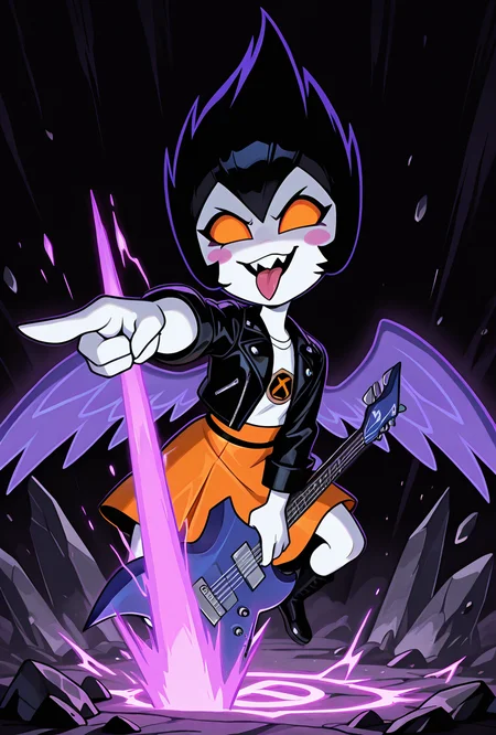 <lora:peskydust-09:1> peskydust, white skin, raven wings, blush stickers, 1girl, black, orange eyes, orange skirt,, black hair, no pupils, rock symbol with hands, hard rock, dynamic pose, rock poster, holding rock guitar, sharp hair pointing upwards, super sayan hair,  black leather jacket, white face makeup, tongue out, evil, sharp teeth, rockstar, closeup shot,, masterpiece, best quality, amazing quality, very aesthetic, absurdres, newest,