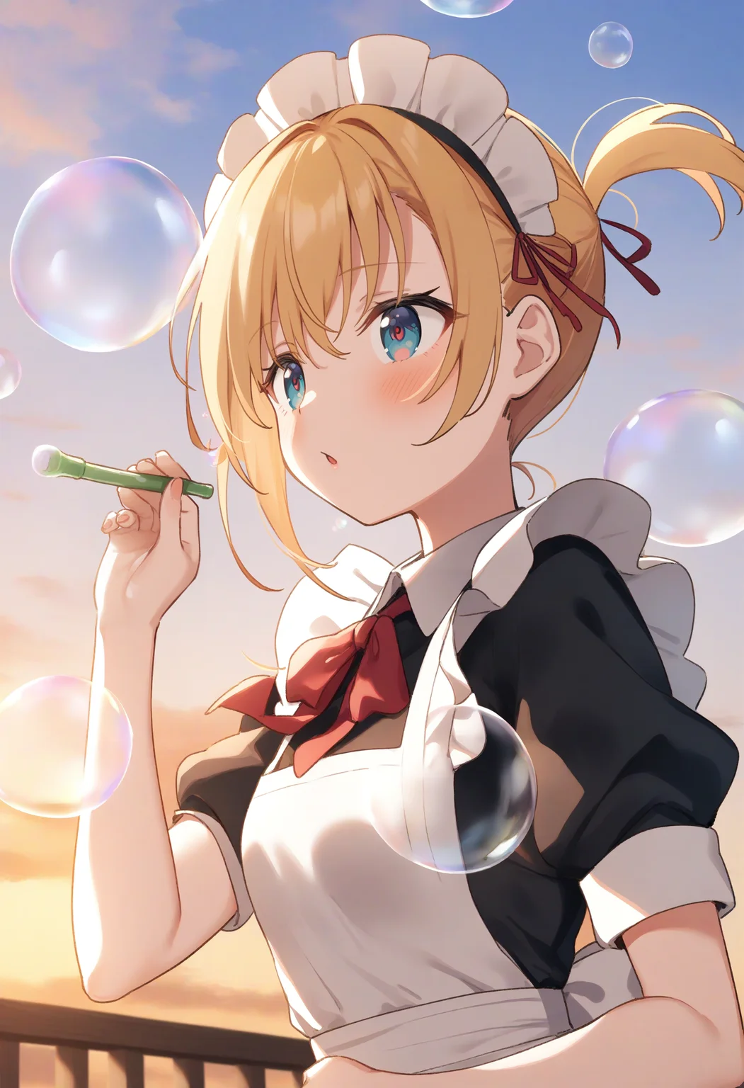 1girl,sincos, ningen mame, toosaka asagi,solo,medium breasts,20yo,maid,maid headdress,
blowing bubbles, bubble, bubble blowing, bubble pipe, outdoors, day, sky,<lora:blowingbubbles_XL_v1:0.7>
dutch angle, portrait, looking to the side, blonde hair, red eyes,kubrick stare, october festivals, topknot hair,
best quality, very aesthetic, absurdres