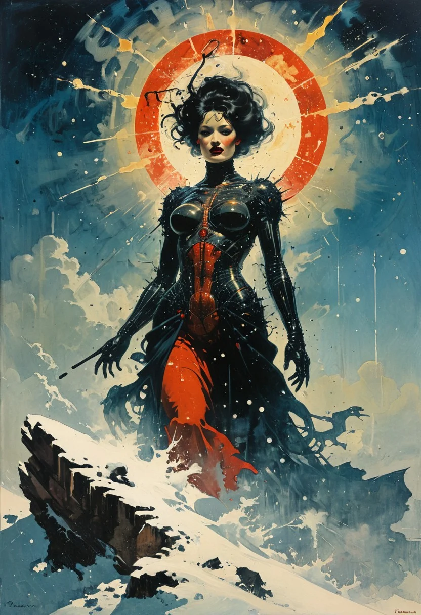 divinity's creature a queen of snow,  like a cruel portrait on a  fateful eve, detailed, high resolution, eerie, atmospheric, foreboding (in the style of Frank Frazetta painting) Dean Cornwell, design, 1970s, Russian Constructivist style, double exposure, volumetric lighting, expressive, ancient starchart, ink spattered background, warm colors, space, art deco, splatter, Japanese Woodblock print, planar rectilinear shapes, extreme energy, dynamic posing, Dutch angle, black, Crimson<lora:xl_more_art-full_v1:0.3>