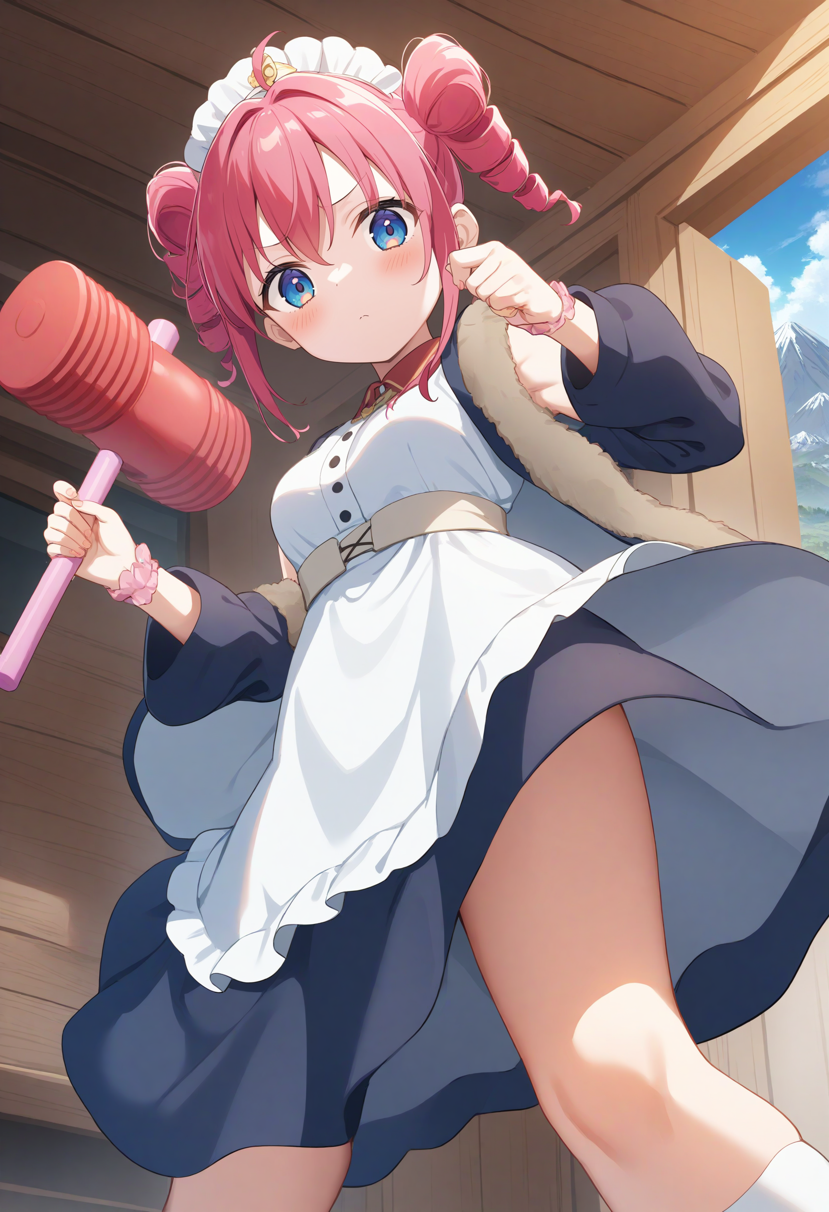 1girl,sincos, ningen mame, toosaka asagi,solo,medium breasts,20yo,maid,maid headdress,
piko piko hammer, toy hammer, holding, <lora:pikopikohammer_XL_v1:0.8>
from below, panorama shot, looking at viewer, pink hair, blue eyes,annoyed, mountain hut, closed mouth, drill hair,,
best quality, very aesthetic, absurdres