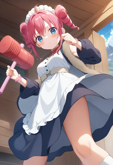 1girl,sincos, ningen mame, toosaka asagi,solo,medium breasts,20yo,maid,maid headdress,
piko piko hammer, toy hammer, holding, <lora:pikopikohammer_XL_v1:0.8>
from below, panorama shot, looking at viewer, pink hair, blue eyes,annoyed, mountain hut, closed mouth, drill hair,,
best quality, very aesthetic, absurdres