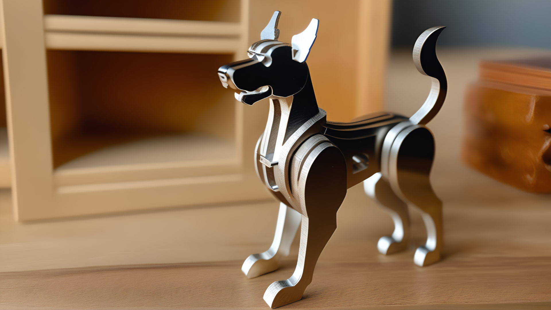 <lora:splicingtoycd_xl-000012:0.8>,a plane style steel dog made of splicingtoycd_xl on wooden desktop,three-dimensional puzzle,simple-structured,detailed,hi-res photo,chinese zodiac,no humans,silver theme,close-up,indoors,living room,simple background, emotional,harmonious,high budget,moody,epic,gorgeous,perfect lighting,realistic,photorealistic,photographic,photo (medium),real,moody lighting,volumetric lighting,reality ray tracing,8K,HDR,UHD,masterpiece,best quality,highly detailed,high resolution,finely detail,extremely detailed,ultra detailed,wallpaper