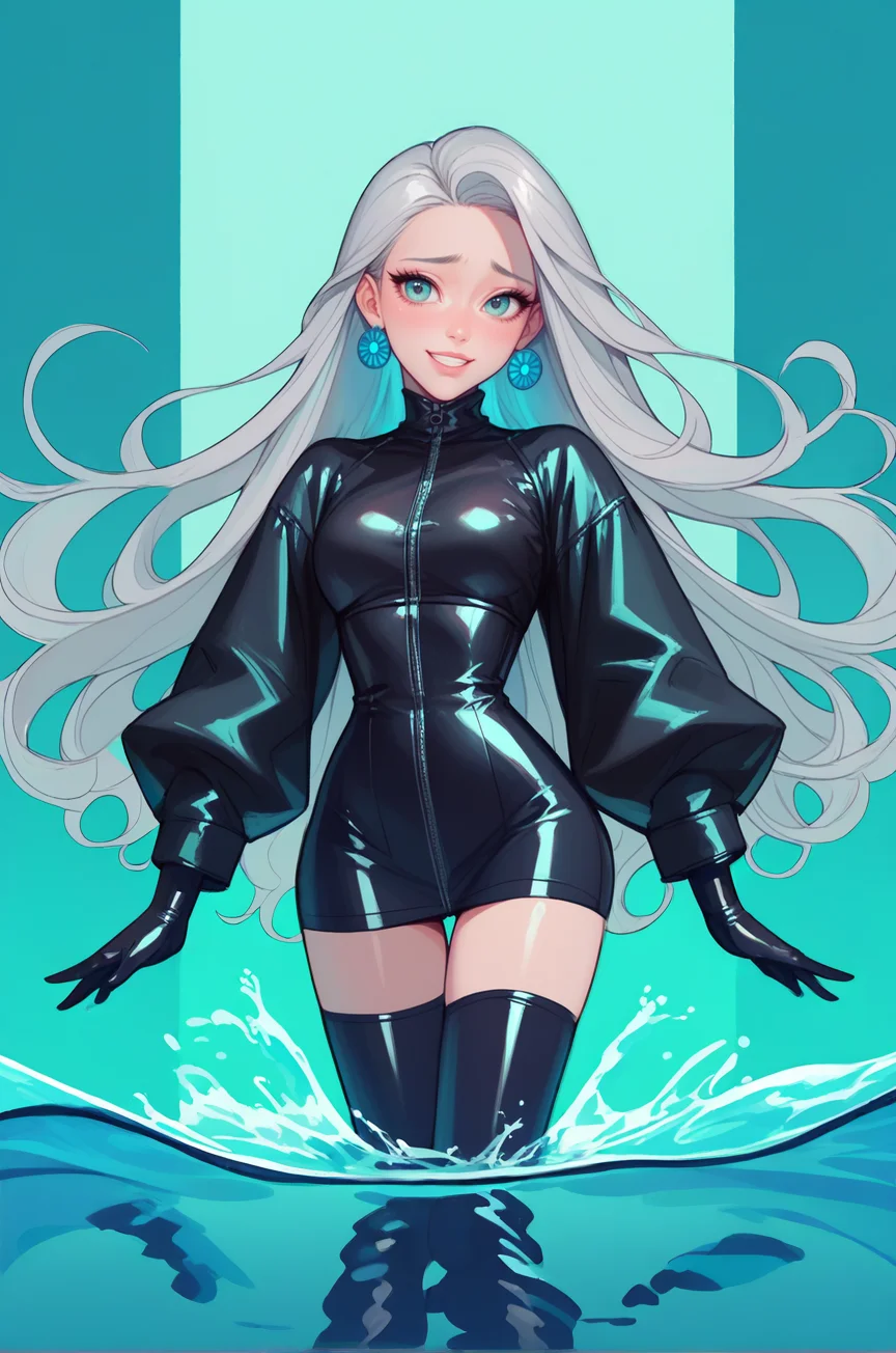one girl, solo, sexy body, small waist, best quality, masterpiece, embarrassed, smile, hidden, long hair, gray hair, aquamarine eyes, black latex stockings, black latex gloves, summer coat, makeup, incredible background <lora:detailed_hands:1> <lora:loraface:0.6> <lora:PonyXL Hideri V2:0.8> <lora:officialpit_style_v11:0.3> <lora:Psychedelic_Stylized:1>, score_9, score_8_up, score_7_up