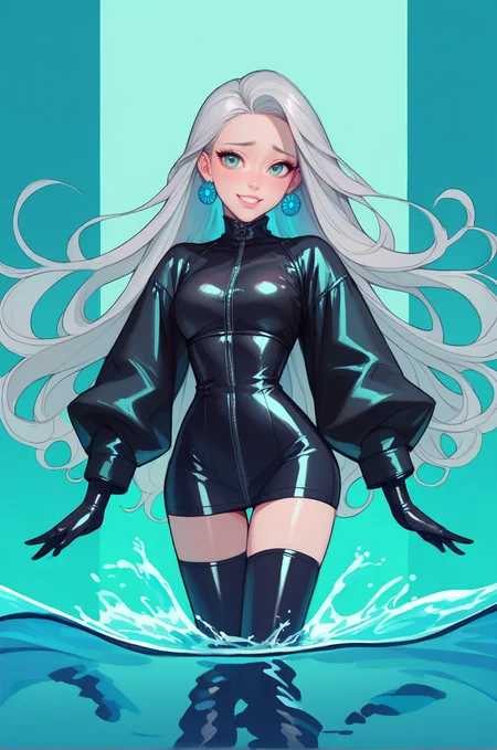 one girl, solo, sexy body, small waist, best quality, masterpiece, embarrassed, smile, hidden, long hair, gray hair, aquamarine eyes, black latex stockings, black latex gloves, summer coat, makeup, incredible background <lora:detailed_hands:1> <lora:loraface:0.6> <lora:PonyXL Hideri V2:0.8> <lora:officialpit_style_v11:0.3> <lora:Psychedelic_Stylized:1>, score_9, score_8_up, score_7_up