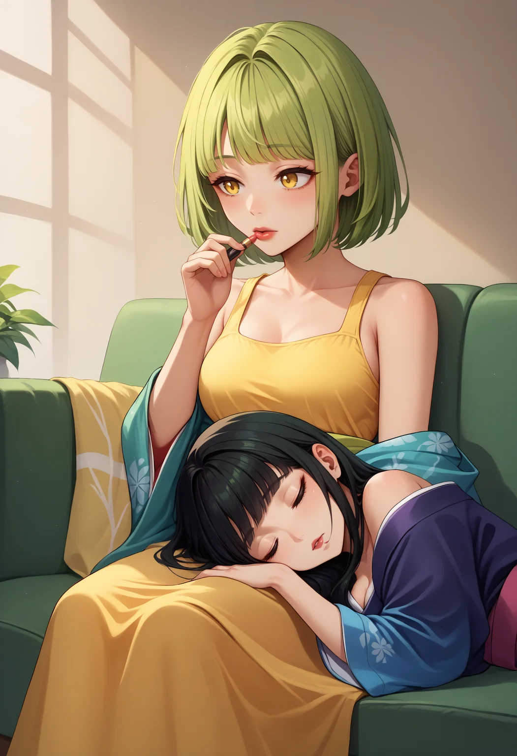score_9, score_7_up, <lora:LapPillowNonPOV_pdxl_Incrs_v1:0.5>, lap pillow, lying, sitting, sleeping, sofa,
BREAK <lora:ChamApplyingLipstickPonyXL:0.9>, applying lipstick, holding lipstick tube, green hair, yellow eyes, medium hair, bob cut, medium breasts, yellow sundress, no sleeves,
BREAK 1girl, black hair, long hair, off shoulder, kimono, medium breasts,