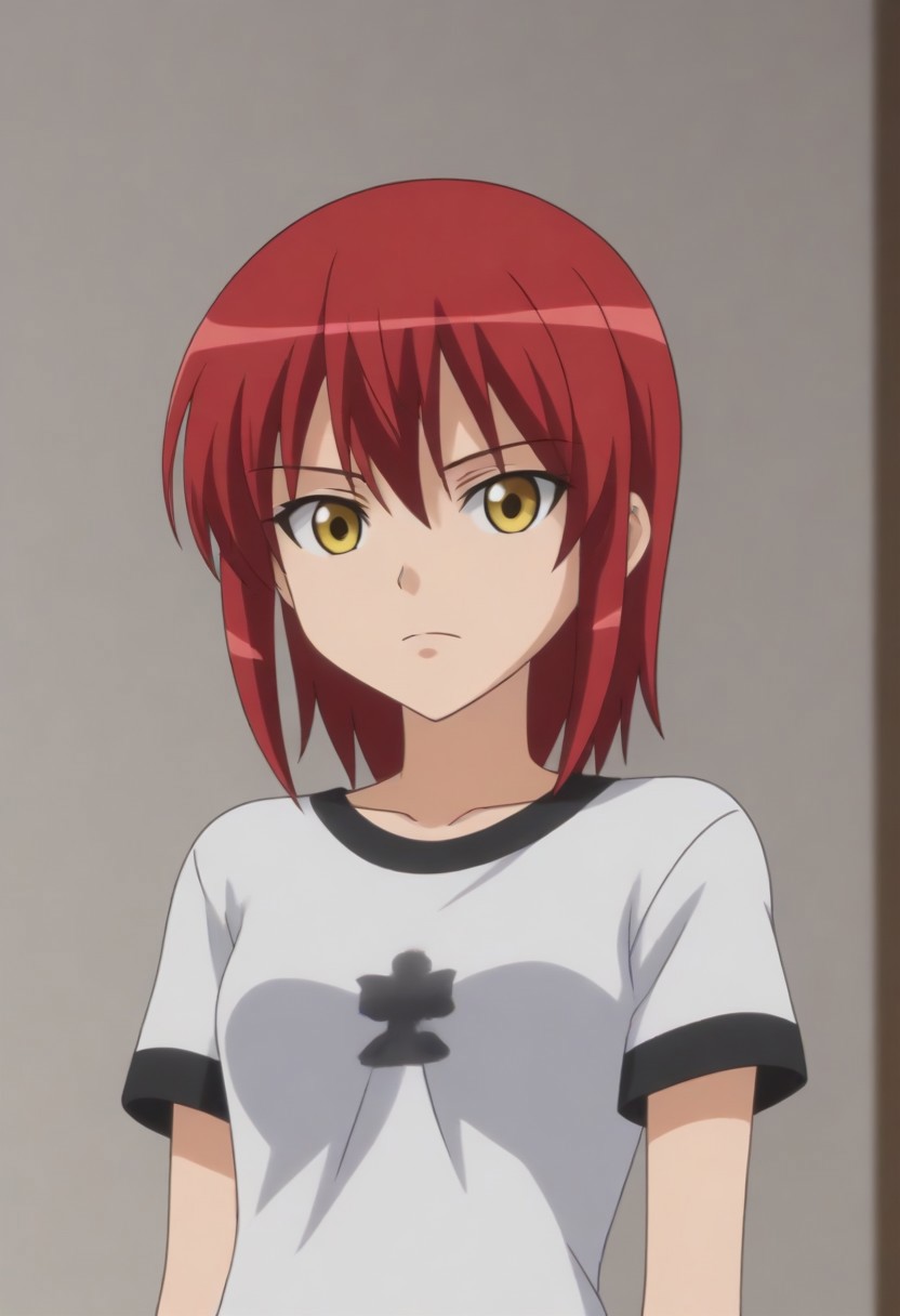 source_anime, anime screencap, source_anime, auratheguillotine, anime screencap, masterpiece, source_anime, shiny skin,,,,,,black t-shirt,1girl, solo, rza, red hair, yellow eyes,