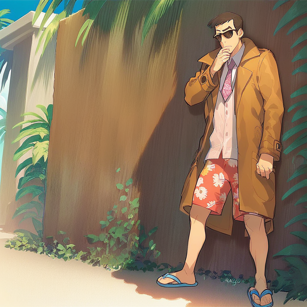 score_7_up, score_8_up, solo male, full body, Looker, mature male, trench coat, necktie, sunglasses, stroking own chin, leaning against wall, Hawaiian print shorts, flip flops, tropical resort setting,
