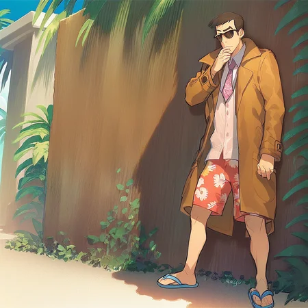 score_7_up, score_8_up, solo male, full body, Looker, mature male, trench coat, necktie, sunglasses, stroking own chin, leaning against wall, Hawaiian print shorts, flip flops, tropical resort setting,