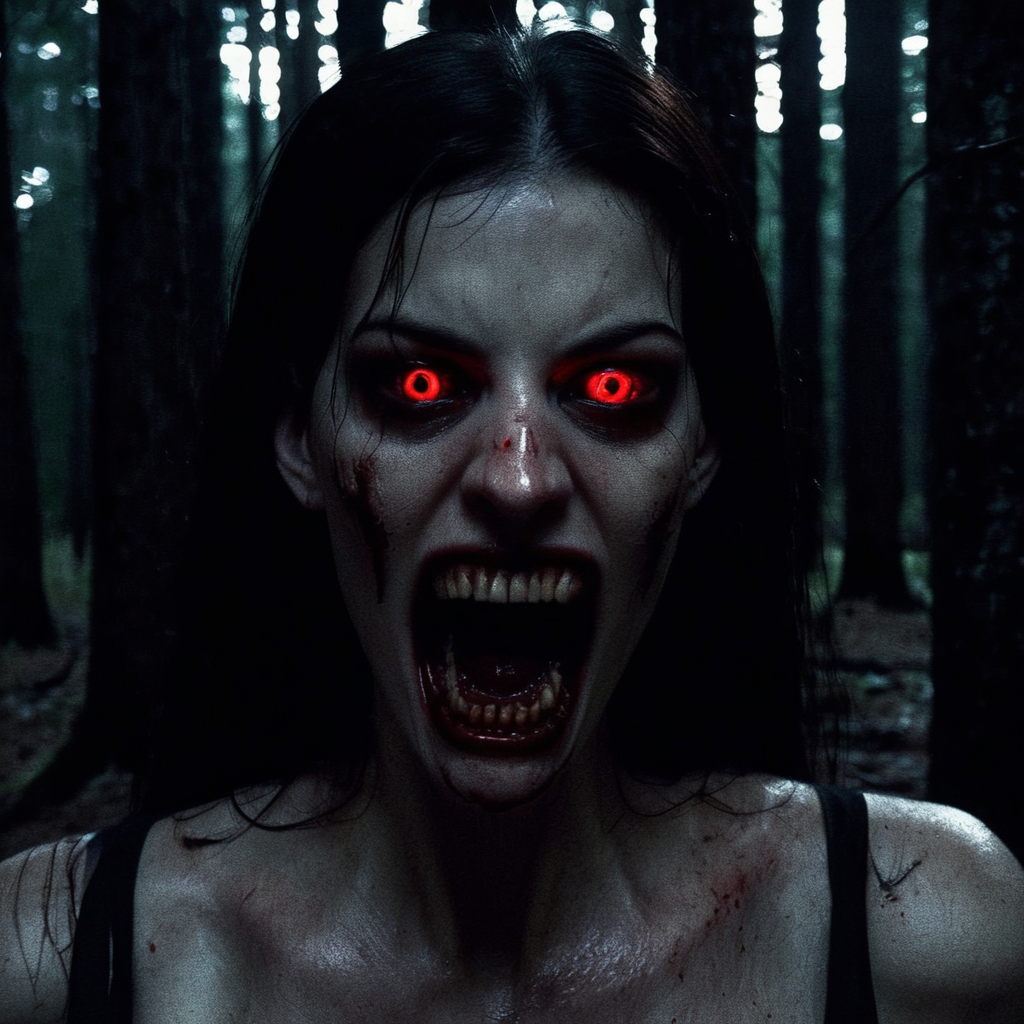 Nighttime Found footage horror, Skin texture, no makeup, Grainy video of a vicious vampire woman with reflective red eyes in a dark forrest with sharp teeth,low light,looking at the viewer,livxtylr, <lora:personjuggerX_xl_1_standard_wocap-livxtylr-000069:1>