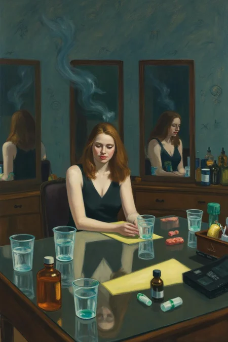 edwardhopper1 painting. 
a woman seated at a cluttered table, surrounded by mirrored reflections of herself. The scene is filled with translucent glass cups, pill containers, and small bottles, all creating an eclectic and moody atmosphere. Smoke rises around her, adding a dreamlike quality, while a wallpaper of hand-drawn symbols or calligraphy fills the background.  <lora:edwardhopper1_cap_d8a4e11:1.0><lora:847398515574356975:0>