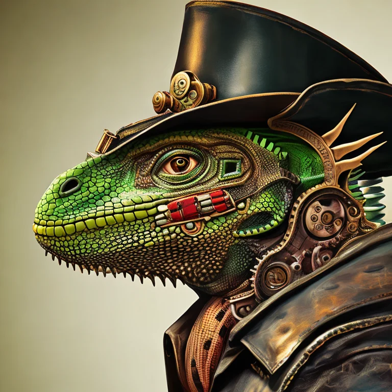 painting of animal; Iguana wearing steampunk leather jacket, top hat with gears, dashing, victorian clothing, stopwatch, intricate, smooth, sharp focus, illustration, masterpiece, intricate, highly detailed, octane, digital painting, artstation, concept art, smooth, sharp focus, illustration, vibrant colors, in the style of steampunk