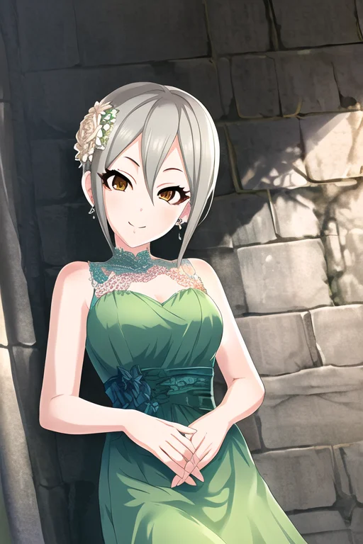 Shiomi Syuko, 1girl, bare shoulders, breasts, dress, dutch angle, earrings, flower, green dress, grey hair, hair between eyes, hair flower, hair ornament, jewelry, light smile, looking at viewer, medium breasts, solo, upper body
<lora:deresute-000016:1>