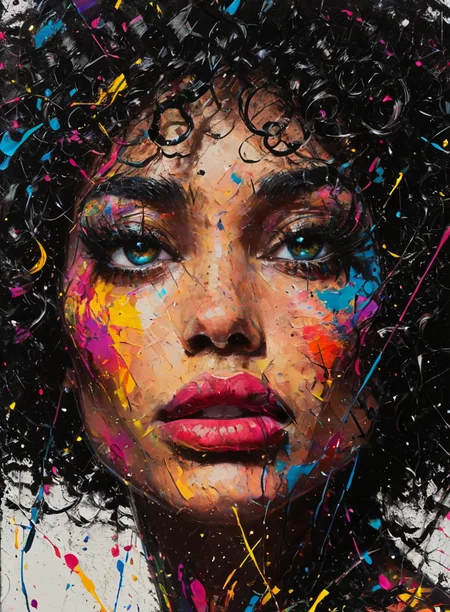 impactful paint of a beautiful woman, thick curly hair <lora:Pollock_2_0:0.7> high contrast, high saturated, vivid blacks, crystal clear, colorful, detailed eyes