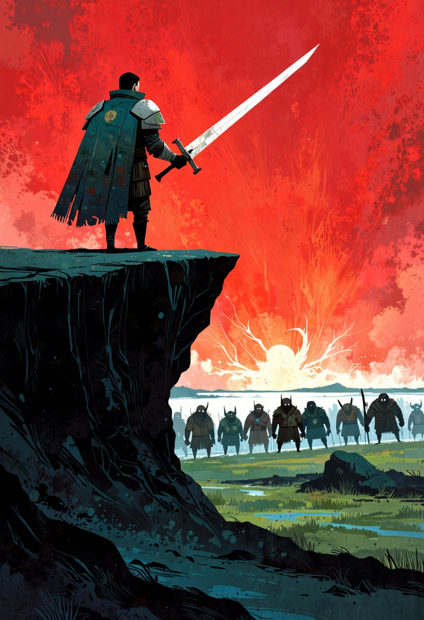 ppstorybook,A heroic knight standing on a rocky cliff, gazing at an approaching army of orcs under a blood-red sky, with his gleaming sword raised high, rendered in a dramatic, high-detail fantasy art style with bold shadows and bright highlights.