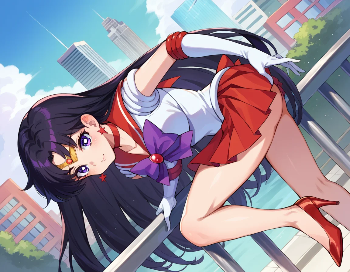 score_9, score_8_up, score_7_up, source_anime,
sailormars, <lora:sailor-mars-ponyxl-lora-nochekaiser:1>
sailor mars, black hair, diadem, long hair, purple eyes, parted bangs,
gloves, high heels, magical girl, microskirt, pleated skirt, red footwear, red skirt, sailor senshi uniform, shoes, skirt, white gloves, bow, purple bow, sailor collar, red sailor collar,
outdoors, cityscape, bent over,
looking at viewer, cowboy shot, dutch angle,
