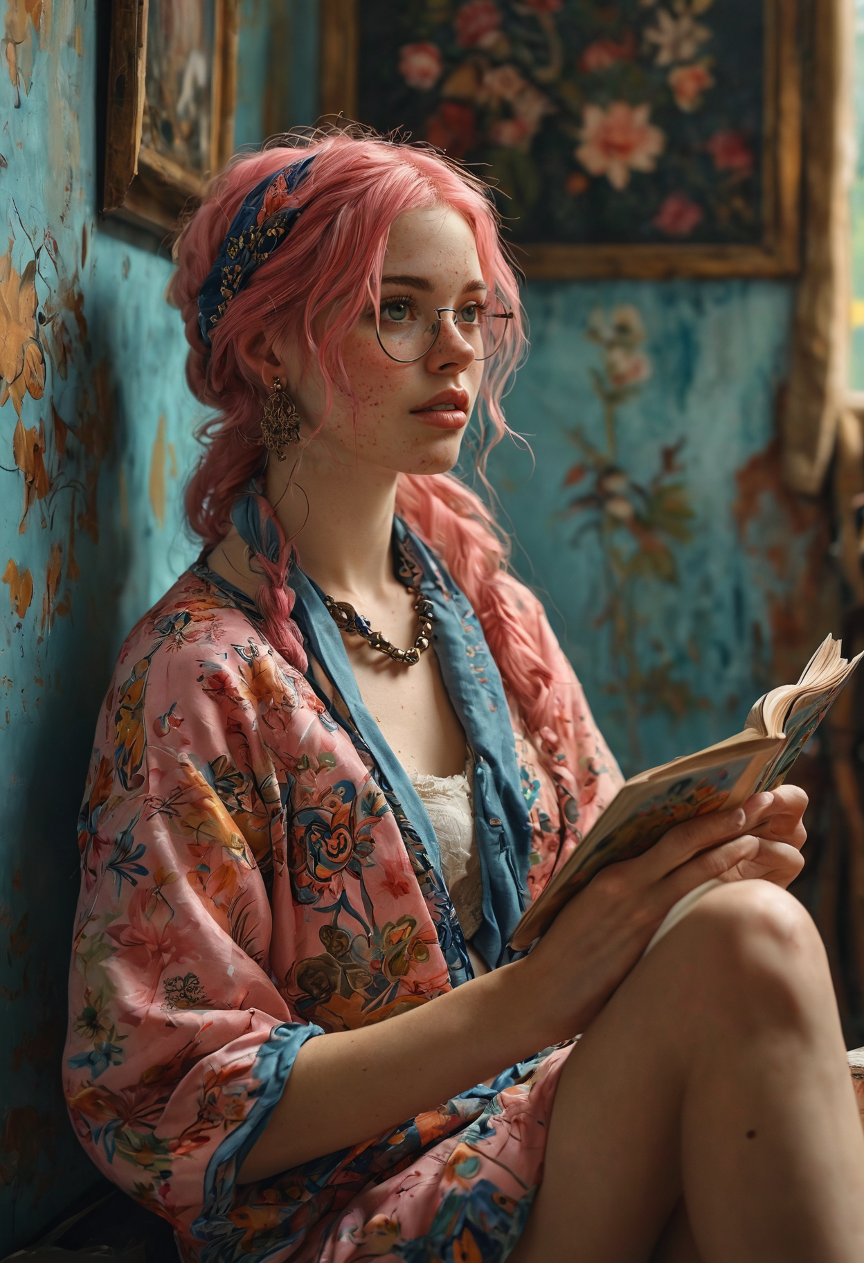 Kalamkari ~ Kerala Murals ~ Nene Stokes ~ Tomer Hanuka ~  John Singer Sargent ~  beautiful ultra detailed gorgeous, a Beautiful woman with braided pink hair, Pink eyes, and freckles. wearing a blue scarf, glasses, comfy looking outfit, bootyshorts and thigh highs. sitting and reading a book in her room, in a nook. This contrast between the fantastical character and the more bold color scheme and elements gives the piece an intriguing narrative quality. painted realism, photorealistic, 8k, fantasy digital art, HDR, UHD.   <lora:add-detail-xl:1>  <lora:MJ52:0.5>
