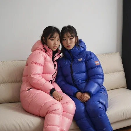 (full body shot) cute two japanese girls wearing Vintage-inspired patterns  tnf_nuptse jacket and thick puffy double layered tnf_nuptse parkasite downsuit glosssuit, hyperdetailed photography,4k textures,intricate details,4k resolution   <lora:pufferdown_tnf_nuptse:0.5>, sitting on a couch, in a dark room, cinematic still <lora:Parkasite_XL-000010:0.6>