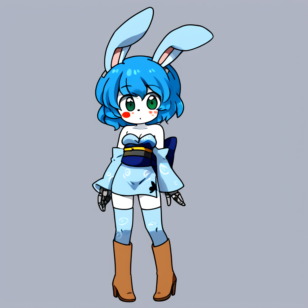 <lora:eromame:1.2>  <lora:AyaneOutfitNew:1> ayaneoutfit, thighhighs, bare shoulders,  cleavage, sash, obi, zettai ryouiki, strapless dress, high heels, ankle boots, strapless, boots, tube dress, detached sleeves, long sleeves, side slit, butterfly print, back bow, short dress,   <lora:toybonnie:0.8> toyb, blue hair, short hair, colored skin, white skin, mechanical joints, mechanical hands, rabbit ears, green eyes, freckles, blush stickers