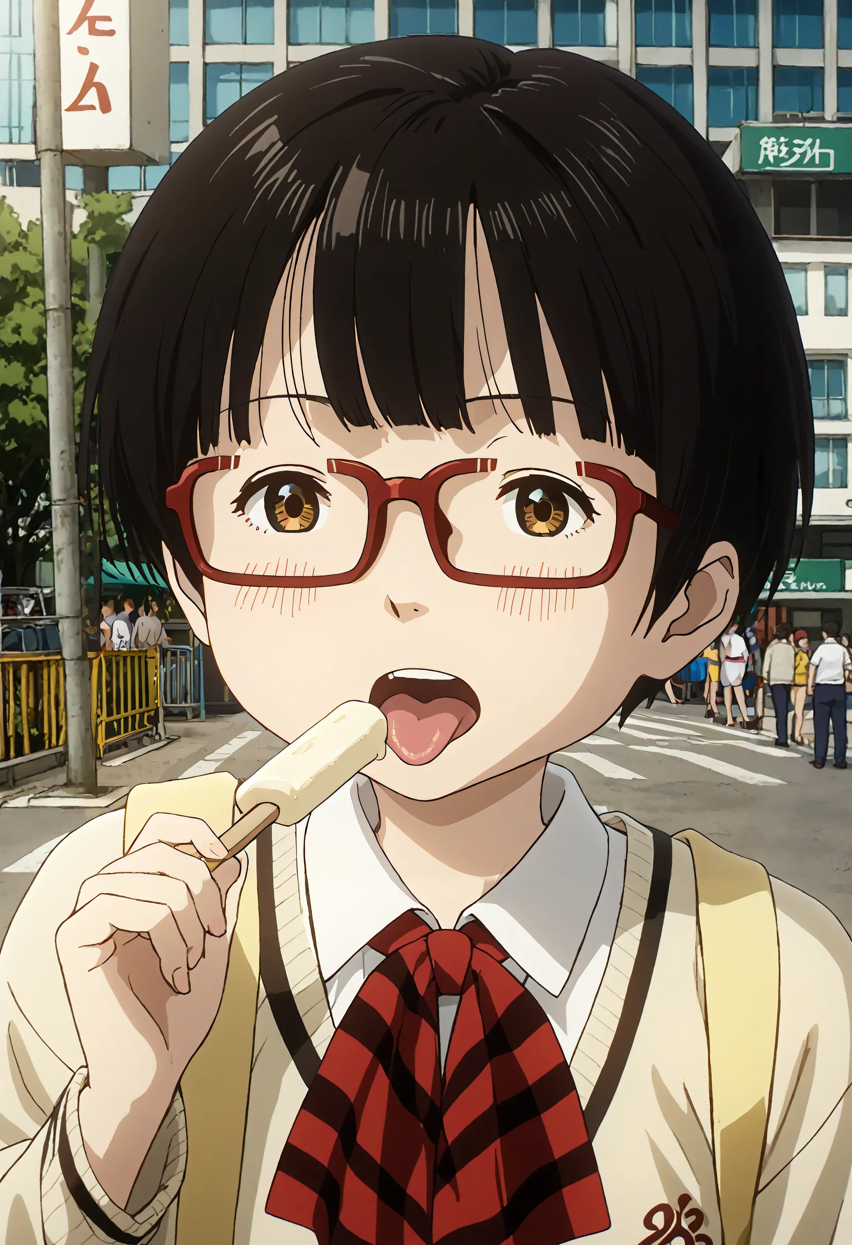<lora:Hyper-SDXL-8steps-lora:1> <lora:Fixhands_anime_bdsqlsz_V1:1> zPDXL2, score_9, score_8_up, score_7_up, source_anime, intricate details, perfect anatomy BREAK
outdoors, city, tokyo, japan, audience, crowd, close up, open mouth, tongue out, licking popsicle, Teasing, A playful smirk, a raised eyebrow, and a hint of dominance., 1girl, solo, solo focus, 
<lora:dededede-koyama_kadode_XL(pony)v10:1> dededede-kadode, black hair, short hair, brown eyes, glasses, school uniform, ascot, yellow sweater, black skirt, black socks, brown shoes,