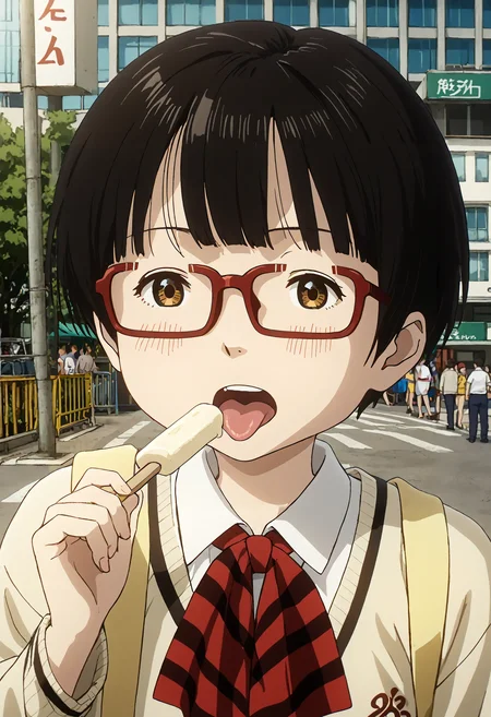 <lora:Hyper-SDXL-8steps-lora:1> <lora:Fixhands_anime_bdsqlsz_V1:1> zPDXL2, score_9, score_8_up, score_7_up, source_anime, intricate details, perfect anatomy BREAK
outdoors, city, tokyo, japan, audience, crowd, close up, open mouth, tongue out, licking popsicle, Teasing, A playful smirk, a raised eyebrow, and a hint of dominance., 1girl, solo, solo focus, 
<lora:dededede-koyama_kadode_XL(pony)v10:1> dededede-kadode, black hair, short hair, brown eyes, glasses, school uniform, ascot, yellow sweater, black skirt, black socks, brown shoes,