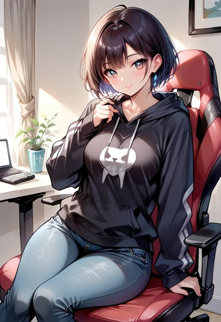 score_9, score_8_up, score_7_up, source_anime, solo, cute woman, gamer hoodie, jeans, short hair, medium breasts, medium hips, in a bedroom, sitting in a gaming chair, (fully clothed:1.3(, (detailed image, high resolution, 5k resolution:1.0), (anime style:0.9)