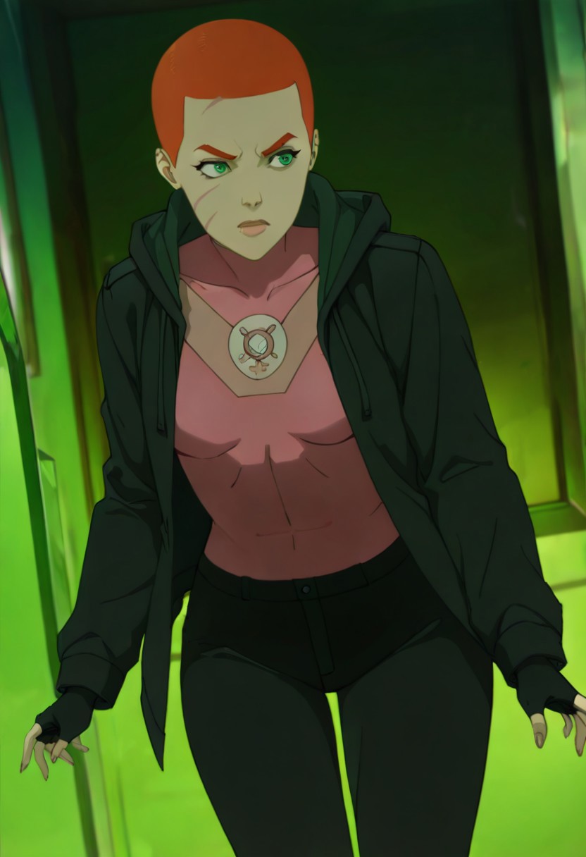 masterpiece, best quality, newest, absurdres, highres, ALTEVE-INVPACK.V1.0  1girl, short hair, orange hair, redhead, jacket, open jacket, pink shirt, AT0MEVE-OUTFIT-SHIRT, fingerless gloves, gloves, green eyes, scar, hooded jacket,
