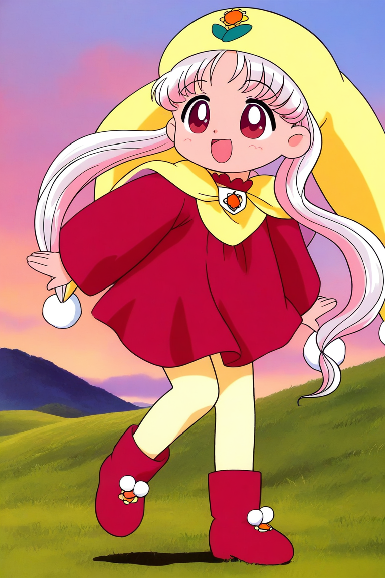 general,highres, ultra-detailed,very aesthetic,best quality ,best hands, BREAK <lora:Princess_Silver_Crayon_Oukoku_Ver2.0_IS:1>
Silver_Oujo(Crayon_Oukoku), 1girl, solo, long hair, white hair, pink hair, red eyes,
yellow headwear, twintails, parted bangs,
red dress, boots, pom pom (clothes),Yellow pantyhose,
smile, happy,
full body, open mouth, red dress, :d, 
long sleeves, red footwear, v arms, 
hair bun, standing,
grass, sky, fantasy,