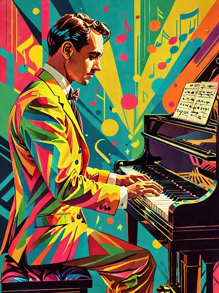 man playing piano music notes  , art deco<lora:add-detail-xl:1> extreme detail, high quality , dayglo  colors, flat colors <lora:hand 4:1>