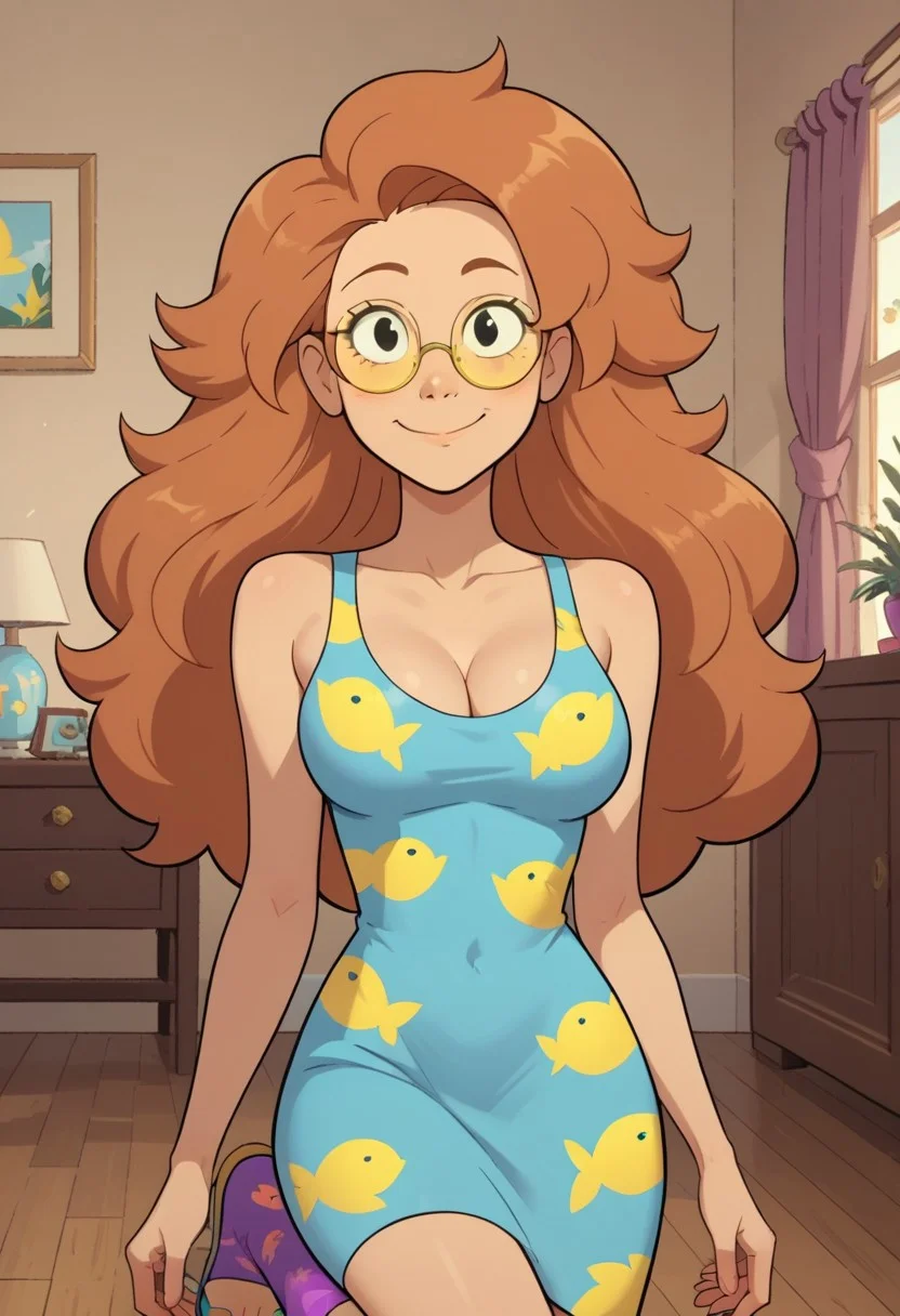 ((bedroom background)),score_9, score_8_up, score_7_up,score_6_up, source_cartoon
1girl, Solo, MarthaBarriga_SU, light skin, black eyes, orange brown hair, voluminous long hair, glasses with yellow-tinted lenses, light turquoise dress with yellow fish print, long purple socks, light blue sandals, big eyes, social smile, big eyes, sexy face, close-up, face photo, perfect eyes, perfect smile, looking at the viewer, big breasts