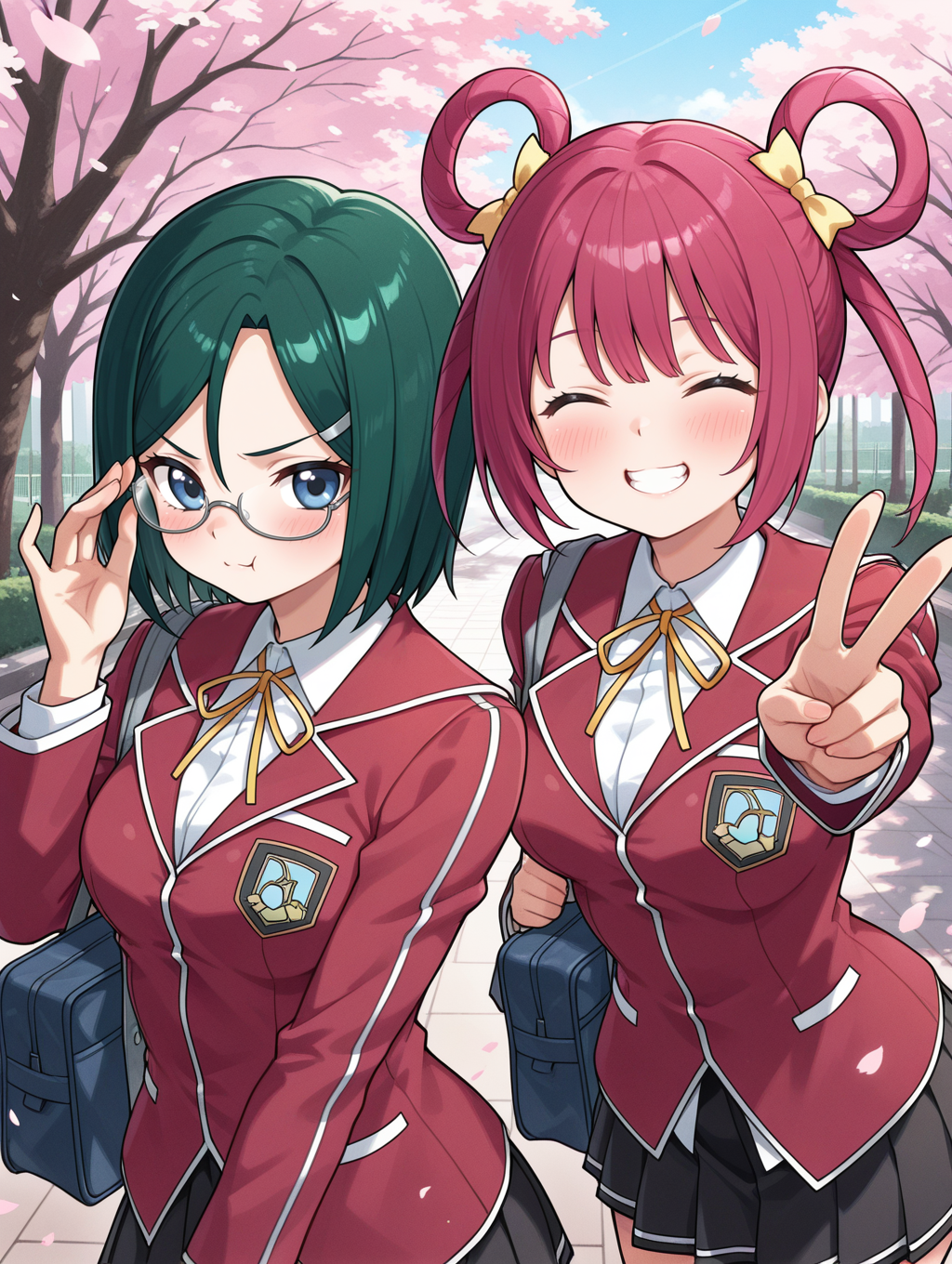 2girls,smile,blush,duel academy uniform \(yu-gi-oh! 5d's\),red blazer,white collared shirt,black miniskirt,yellow neck ribbon,cherry blossoms,standing,upper body,outdoors,school bag, 
BREAK reika hara,white under-rim eyewear,silver hairclip,:t,adjusting eyewear,opaque glasses,reflection,
BREAK kaiho rin,double yellow hair ribbon,hair rings,v,teeth,
masterpiece,best quality,amazing quality,very aesthetic,absurdres,newest,<lora:Reika Hara & Kaiho Rin illusXL v1:0.72>,