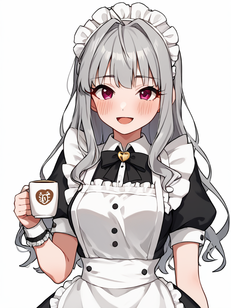 score_9,score_8_up,score_7_up, <lora:idolmaster_cinderella_all:1>ï¼1girl, :d, absurdres, blush, coffee mug, enmaided, grey hair, highres, holding, latte art, looking at viewer, maid headdress, official alternate costume, pretty waitress (idolmaster), puffy short sleeves, shijou takane, simple background, sleeveless dress, solo, white apron, white background, wrist cuffs