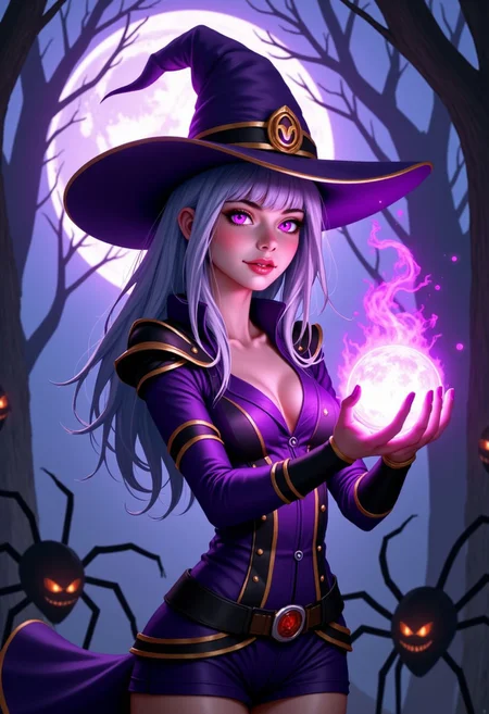 A hyper-realistic portrait of Syndraa, she is a witch and wearing a headpiece that is a witch hat, the hat is purple and there is a small laughing hallow's head on top of it.
Her hair is long and light blue, she had glowing purple eyes and very pale, almost white skin. Her expression is scary yet seductive, also worth to mention that she is the most beautiful witch-girl in the world.
Her clothing is purple aswell with black and orange lines, it's a very detailed witch outfit.
She is holding a glowing purple orb in her left hand that is flaming with purple flames, because she casts a purple spell with her other hand.
The background is simple and scary, a forest with big ugly spiders watching her with red eyes. There is a big purpe moon behind her, it glows beautiful light on her and the forest.
photography, high-resolution, dynamic, energetic,hyper-realistic, dramatic lighting
