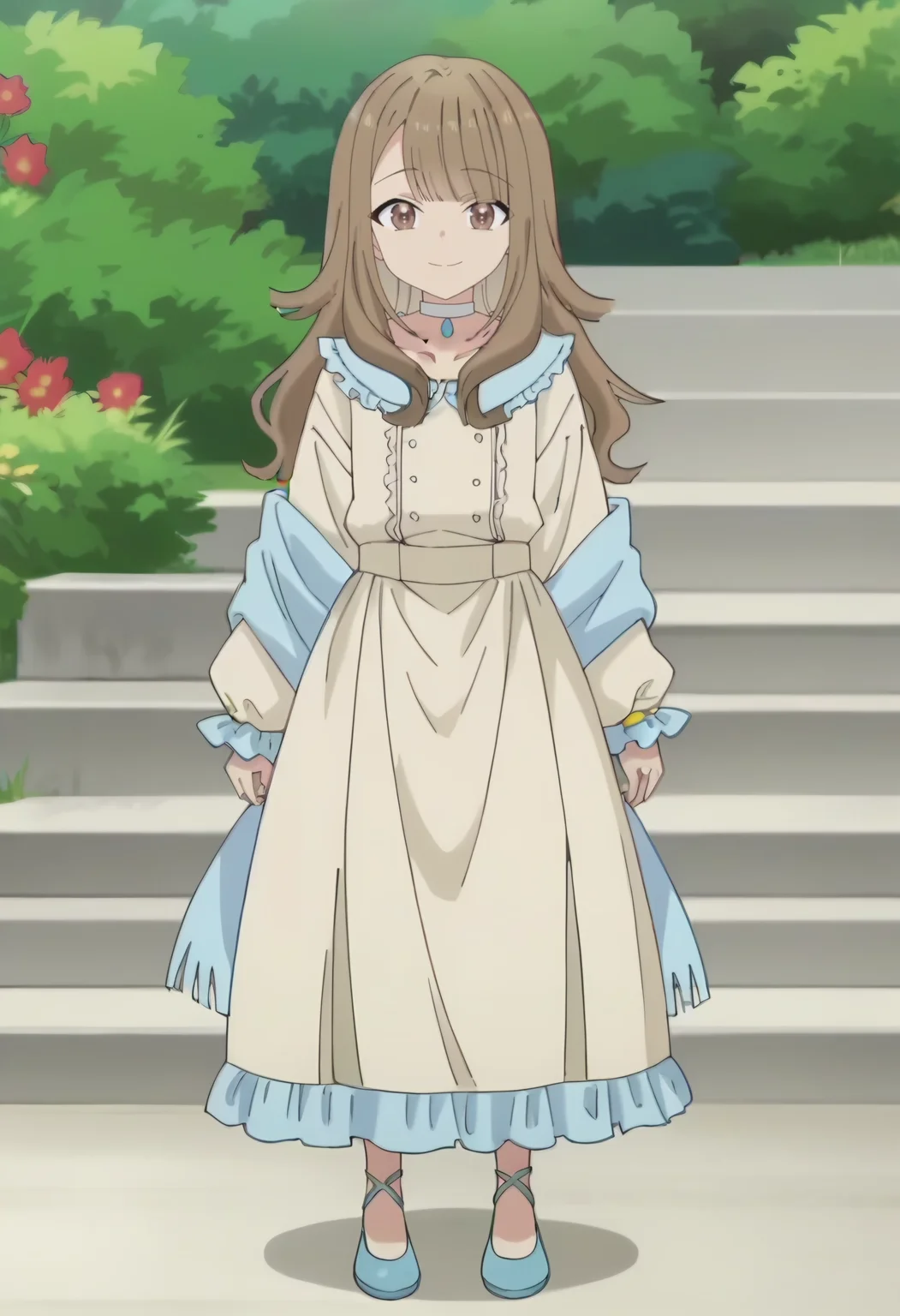 <lora:Hikari Tanabe:0.9> Hikari Tanabe, 1girl, brown eyes, long hair, brown hair , solo,blunt bangs, choker, long sleeves, collarbone, white dress, looking at viewer, smile, full body, score_9, score_7_up,anime coloring ,source_anime, anime, anime screencap