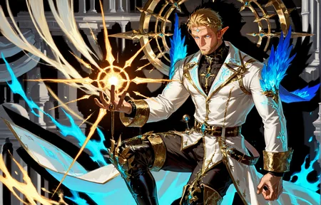 <lora:Nasario__Alchemist_Code-000003:.7>, tagatamenasario, 1boy, elf, blonde, middle hair, blue eyes, gold hair ornament, hair accessory, solo, male focus, manly, mature male, bara, muscle body, coat, shirt, turtleneck, long sleeves, gold trim, glowing pattern, pants, full-leg boots,
cowboy shot,
(very short hair, beard, bara, mature, facial hair, stubble, beard, full beard, sideburn, beard, a lot of beard, ), facial hair,male focus, muscular male, muscular male, bara, mature,  bara, mature, aixiwuganda_(20222192), very awa, masterpiece, best quality, absurdres, newest, perfect quality, detailed background, intricate details,
<lora:slider_Body Type_alpha1.0_rank4_noxattn_last:3><lora:Anime Summer Days 2 Style SDXL_LoRA_Pony Diffusion V6 XL:.6><lora:slider_cfg_scale_boost:.7><lora:Artist6p:.55>, Artist6p, Artist04p,<lora:slider_il_brightness_slider_d1:-1><lora:slider_il_contrast_slider_d1:-1><lora:slider_DarkSlider1.2_alpha1.0_rank16_full_300steps:-.6><lora:slider_contract_controller_illus01_v1:.5>,