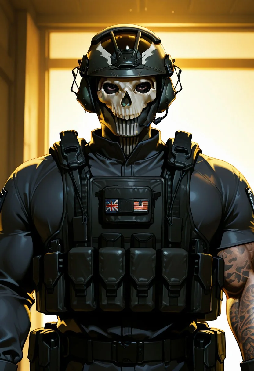 score_9, score_8_up, score_7_up, score_6_up, score_5_up, score_4_up, 1boy, male focus, simon_riley, skull_mask, muscular, black military uniform, black tactical gear, black shirt, load bearing vest, helmet, gloves, arm tattoo, cinematic, masterpiece, portrait, waist up, dramatic lighting, golden lighting,