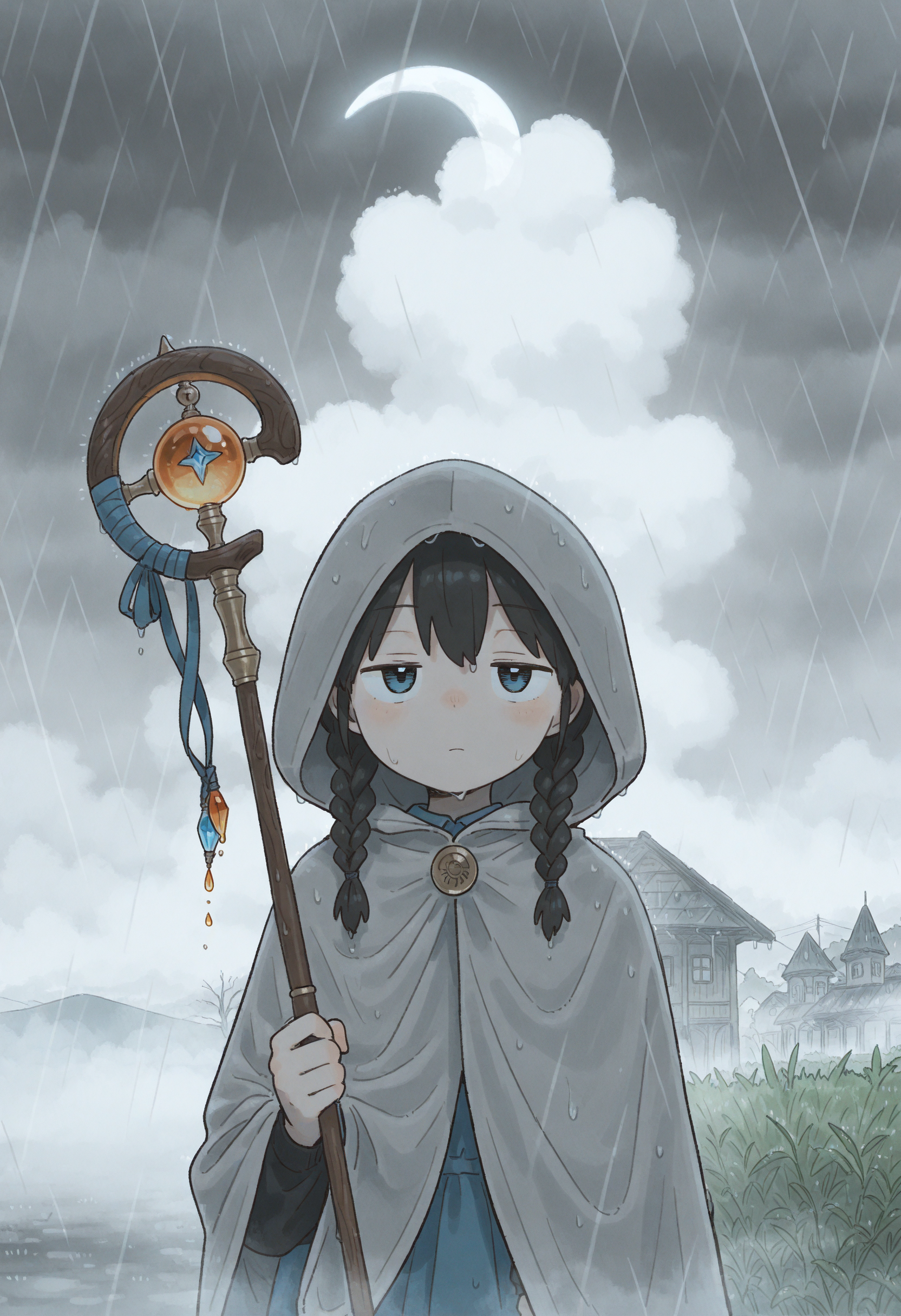 masterpiece, best quality, amazing quality, very aesthetic, high resolution, very awa,
1girl, face focus, twin braids, jitome, cloud, crescent moon, fog, holding mage staff, rain, hood up, cloak, [(realistic:0.5)::0.2],
, <lora:NOOB_EPSv1_1_detailer_by_vlnvk_v1_0:1>
, <lora:spo_sdxl_10ep_4k-data_lora_webui:.5>
,    <lora:Wakaba:.9>